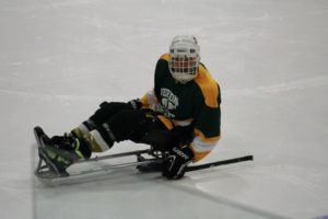 Sled hockey player stares intensely